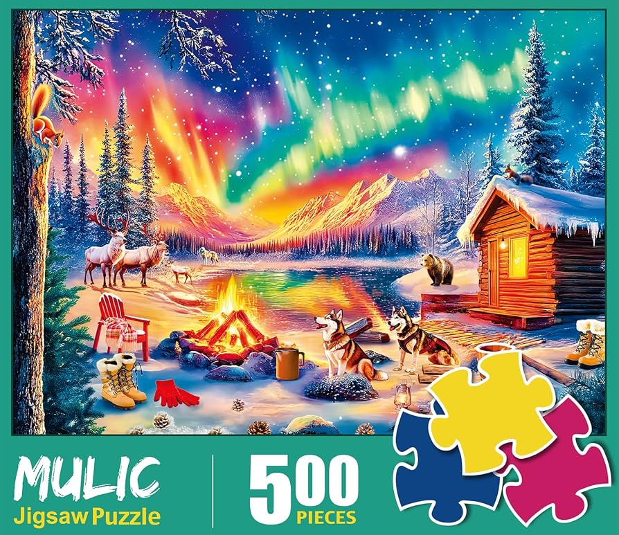 Campfire Under the Northern Lights, 500 Piece Puzzle, MULIC